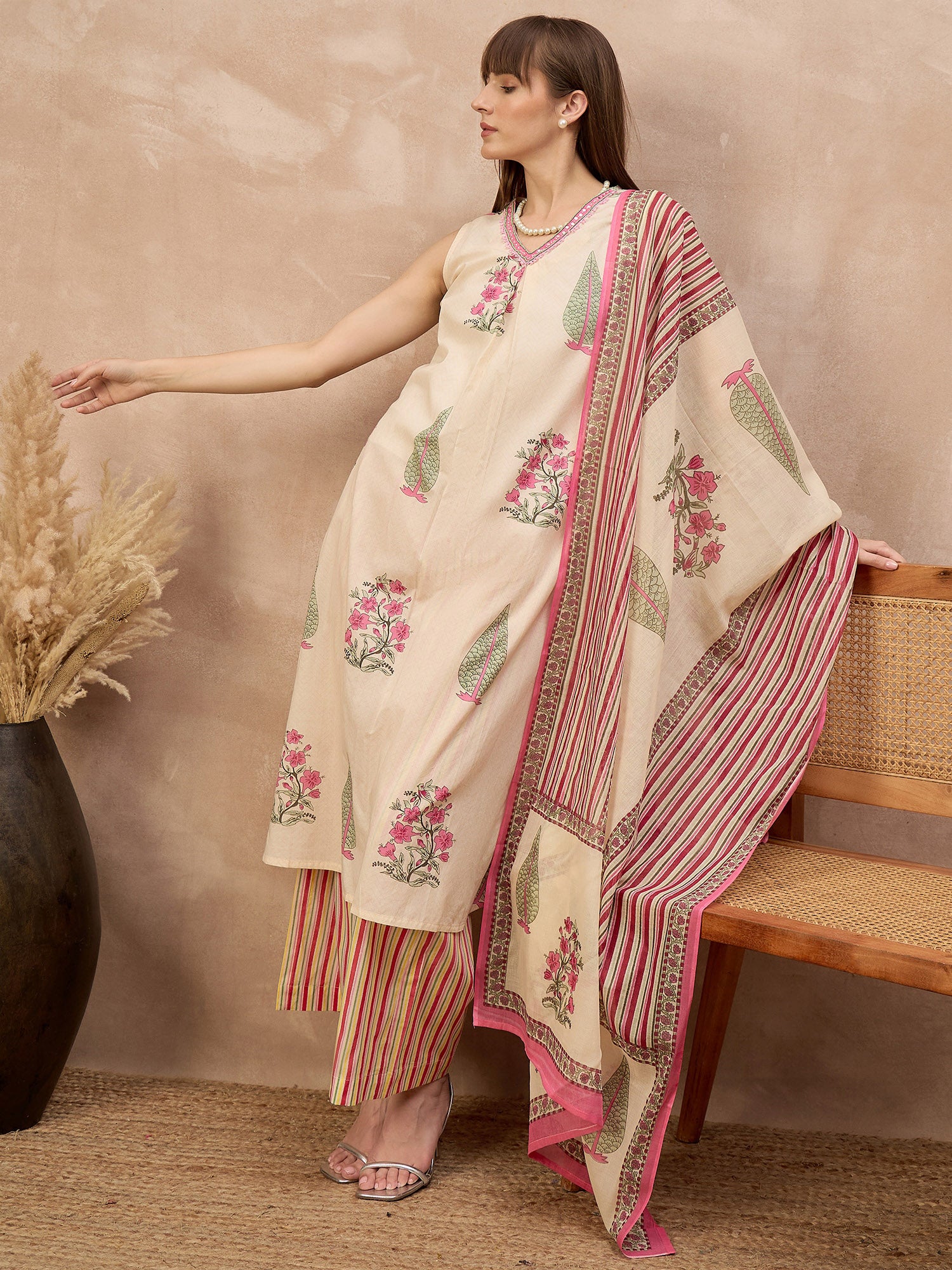 Multi Pure Cotton Floral Printed A-Line Sleeveless Kurta Trouser With Printed Dupatta