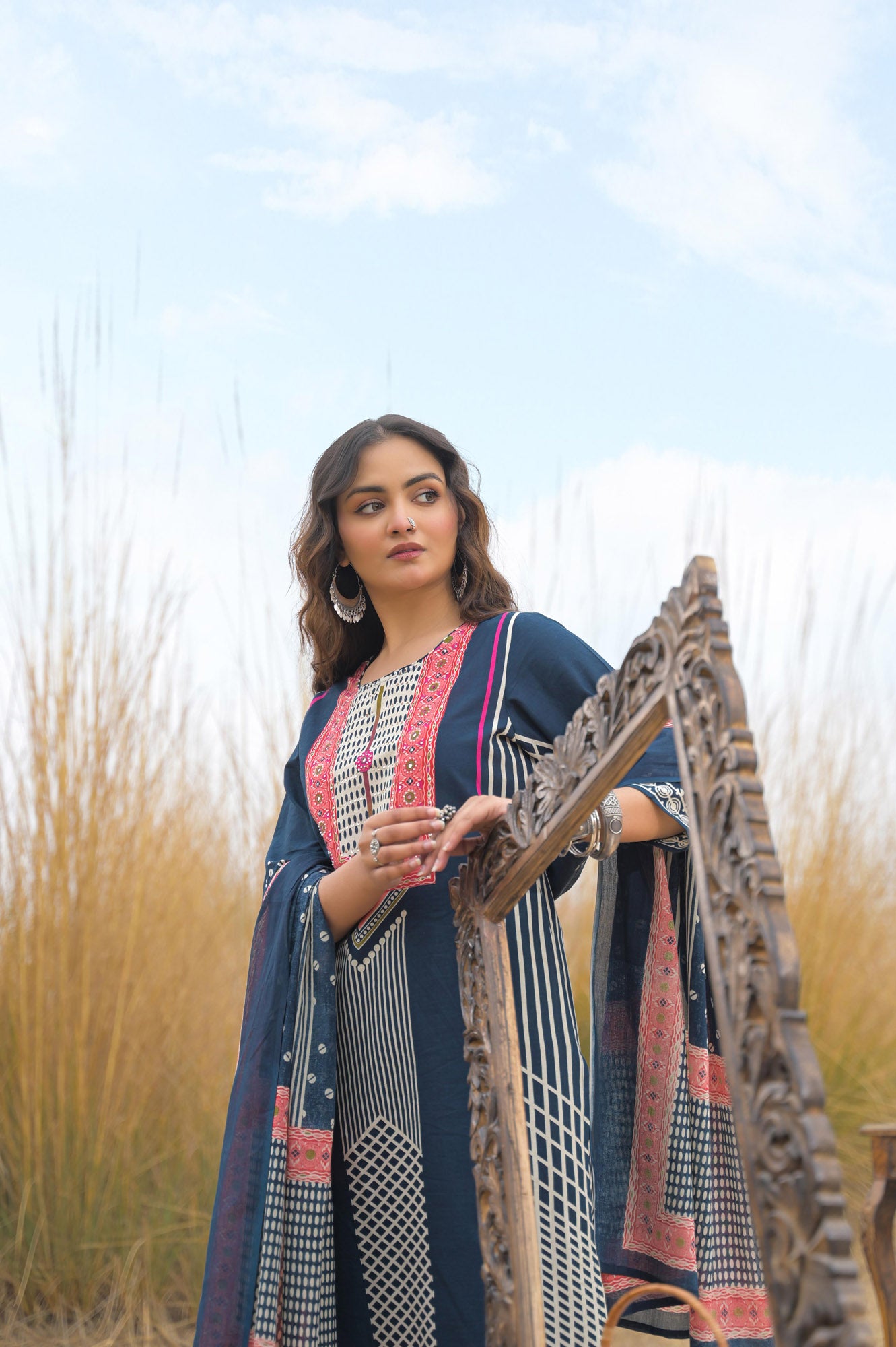 Blue Pure Cotton Ajrakh Printed A-Line Kurta Trouser With Dupatta