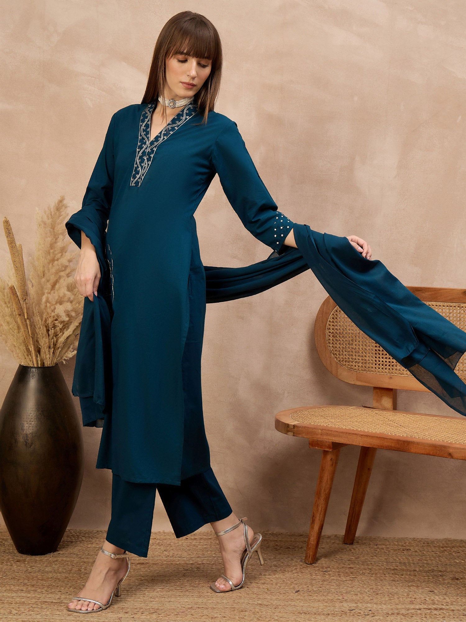 Blue Pure Cotton Floral Embroidered A-Line Kurta Trouser With Dupatta
