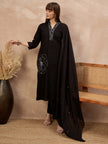 Black Pure Cotton Floral Embroidered A-Line Kurta Trouser With Dupatta