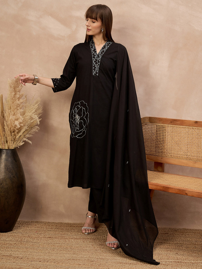 Black Pure Cotton Floral Embroidered A-Line Kurta Trouser With Dupatta
