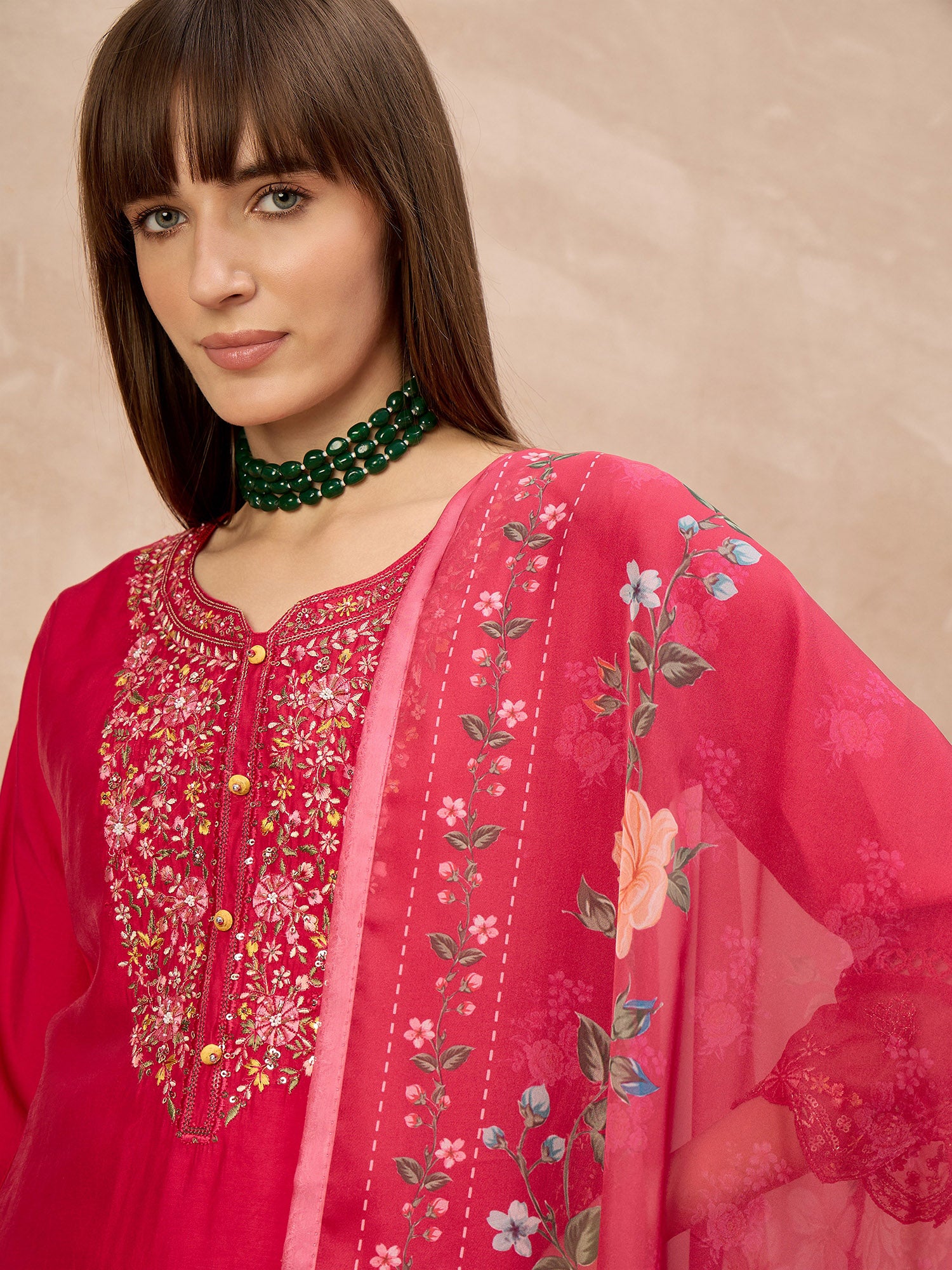 Rose Pure Cotton Beads & Stone Embroidered With Buttons A-Line Kurta Trouser With Printed Dupatta