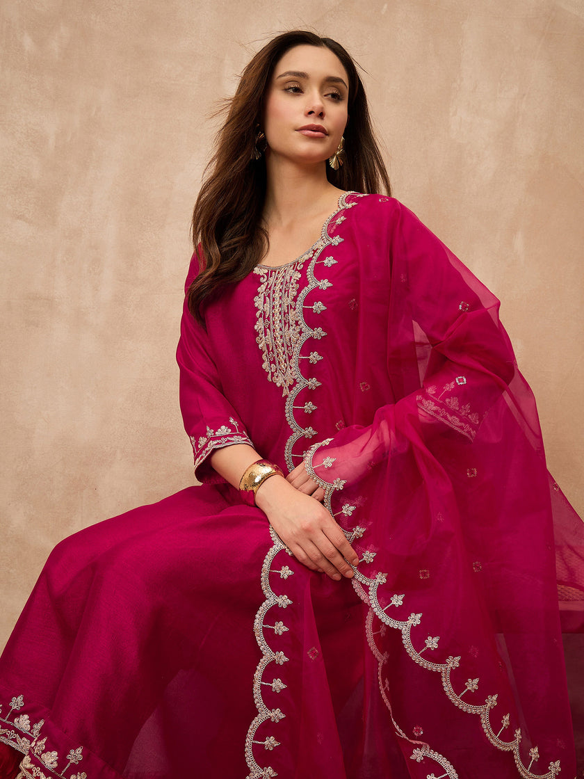 Rose Silk Blend Solid A-Line Kurta Trouser with Dupatta