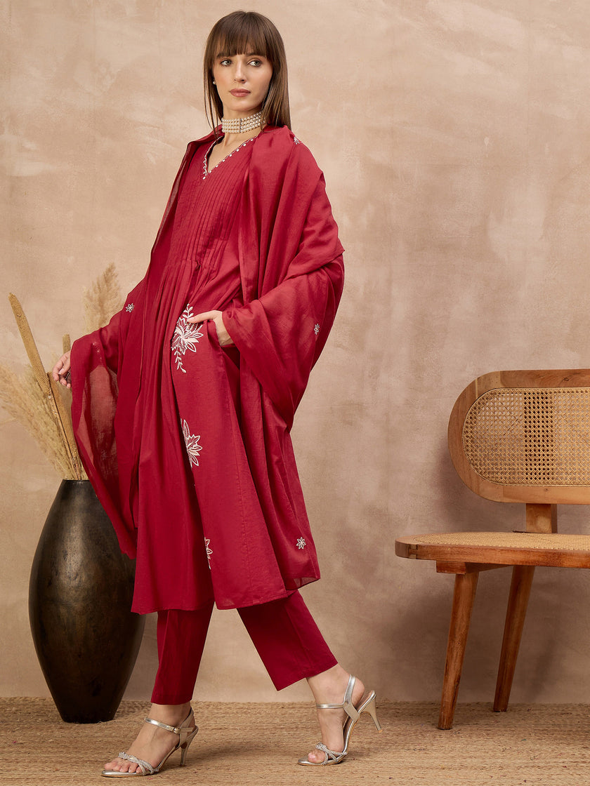 Red Pure Cotton Embroidered Pleated A-Line Kurta Trouser With Dupatta