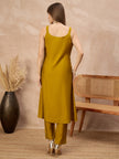Mustard Pure Cotton Solid A-Line Kurta Trouser With Floral & Mirror Embroidered Shrug
