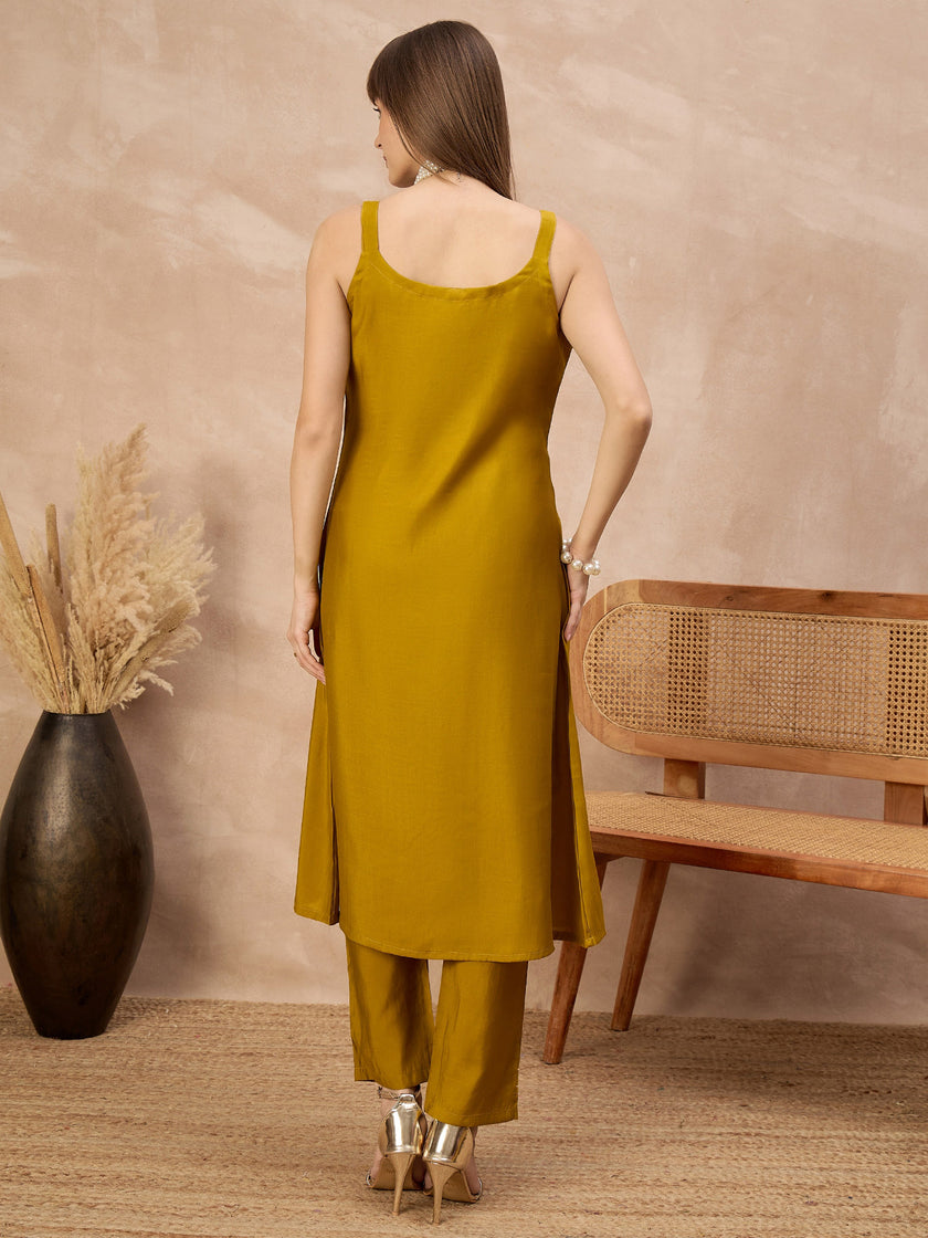 Mustard Pure Cotton Solid A-Line Kurta Trouser With Floral & Mirror Embroidered Shrug