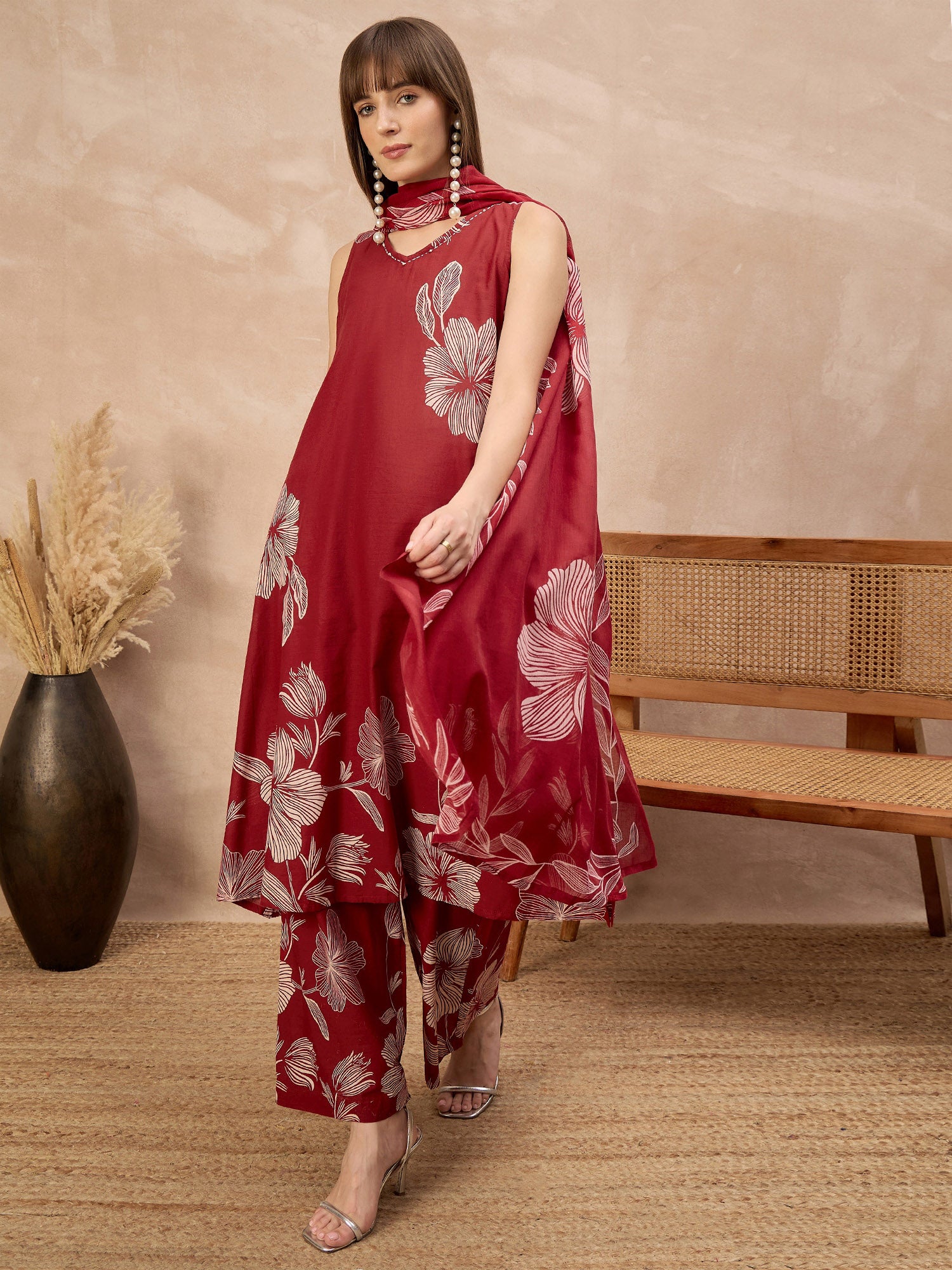 Maroon Pure Cotton Floral Printed A-Line Sleeveless Kurta Trouser With Printed Dupatta