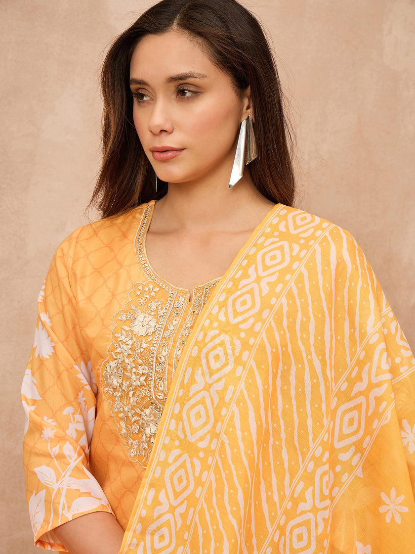 Mustard Silk Blend Printed A-Line Kurta Trouser with Dupatta