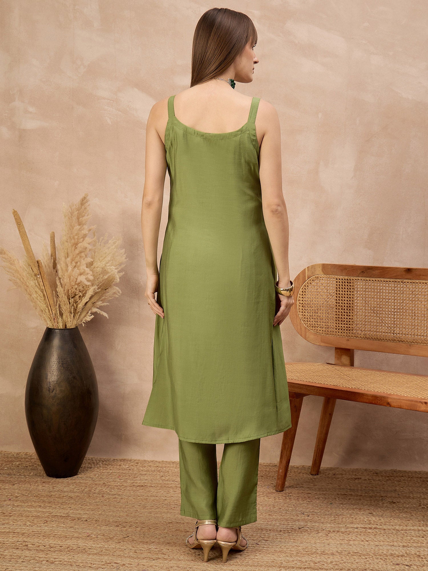 Olive Pure Cotton Solid A-Line Kurta Trouser With Floral & Mirror Embroidered Shrug