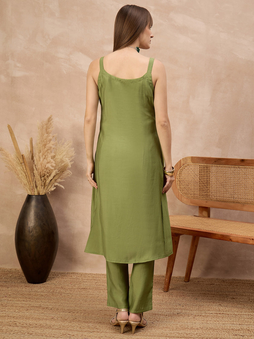 Olive Pure Cotton Solid A-Line Kurta Trouser With Floral & Mirror Embroidered Shrug