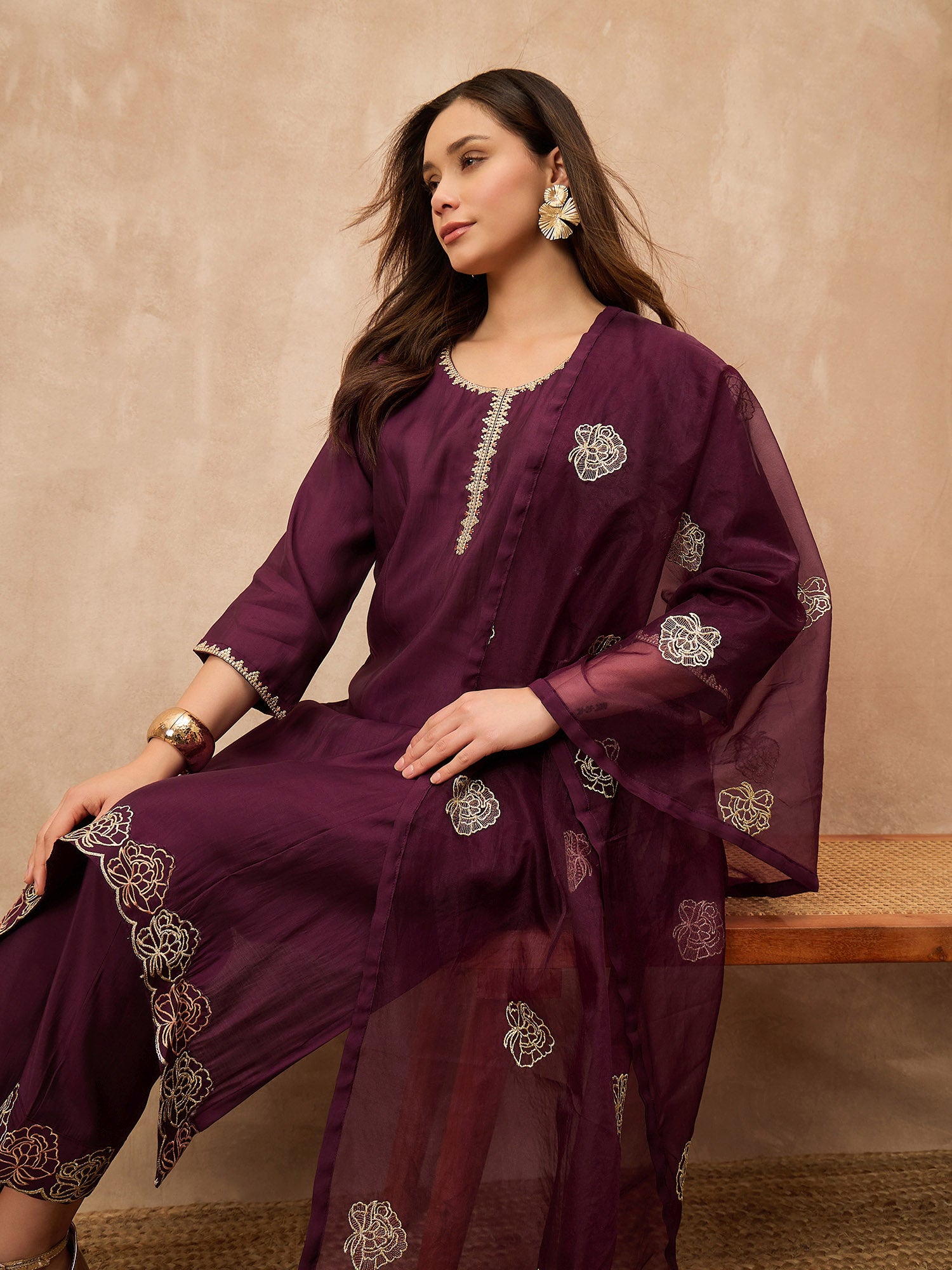 Purple Chanderi Silk Solid A-Line Kurta Trouser with Dupatta