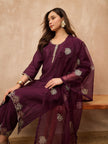 Purple Chanderi Silk Solid A-Line Kurta Trouser with Dupatta