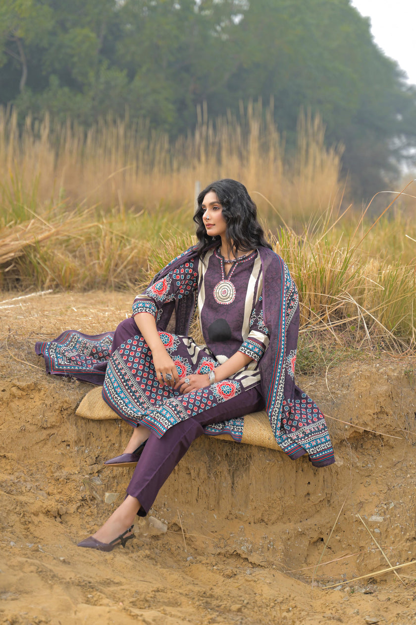 Purple Pure Cotton Ajrakh Printed A-Line Kurta Trouser With Dupatta