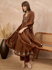 Brown Pure Cotton Geometric Embroidered A-Line Kurta Trouser With Dupatta