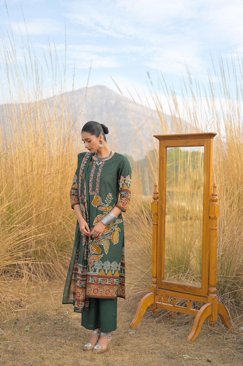 Green Pure Cotton Ajrakh Printed A-Line Kurta Trouser With Dupatta