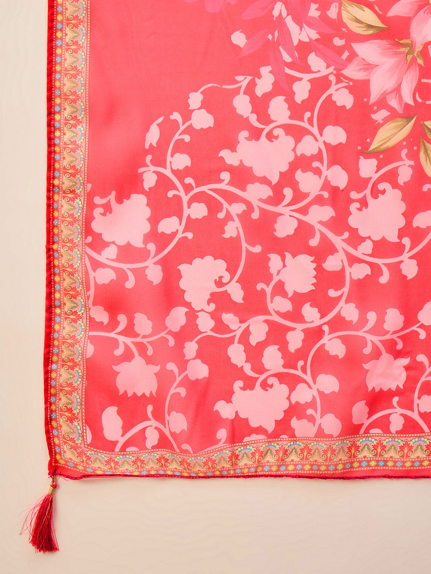 Red Pure Cotton Beads & Stone Embroidered A-Line Kurta Trouser With Printed Dupatta