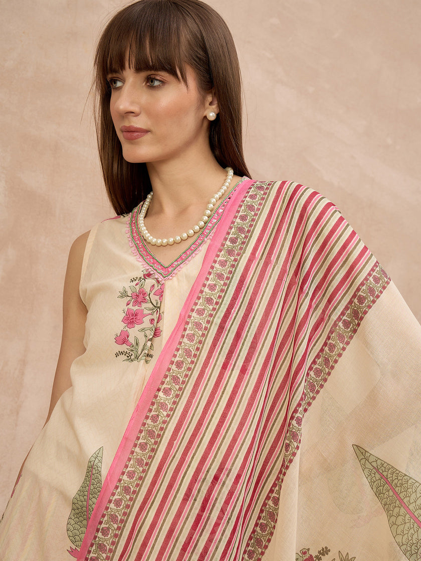 Multi Pure Cotton Floral Printed A-Line Sleeveless Kurta Trouser With Printed Dupatta