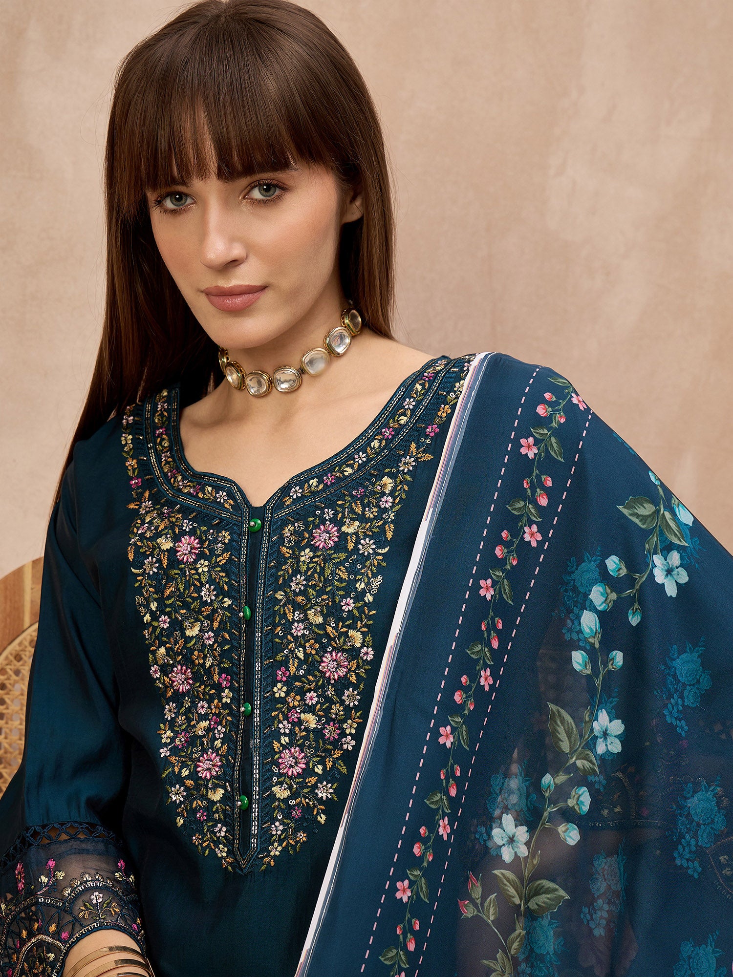 Blue Pure Cotton Beads & Stone Embroidered With Buttons A-Line Kurta Trouser With Printed Dupatta