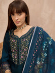 Blue Pure Cotton Beads & Stone Embroidered With Buttons A-Line Kurta Trouser With Printed Dupatta