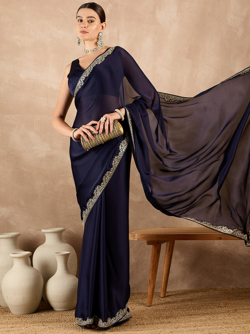Blue Satin Solid With Embroidered Border Saree with Unstitched Fancy Blouse