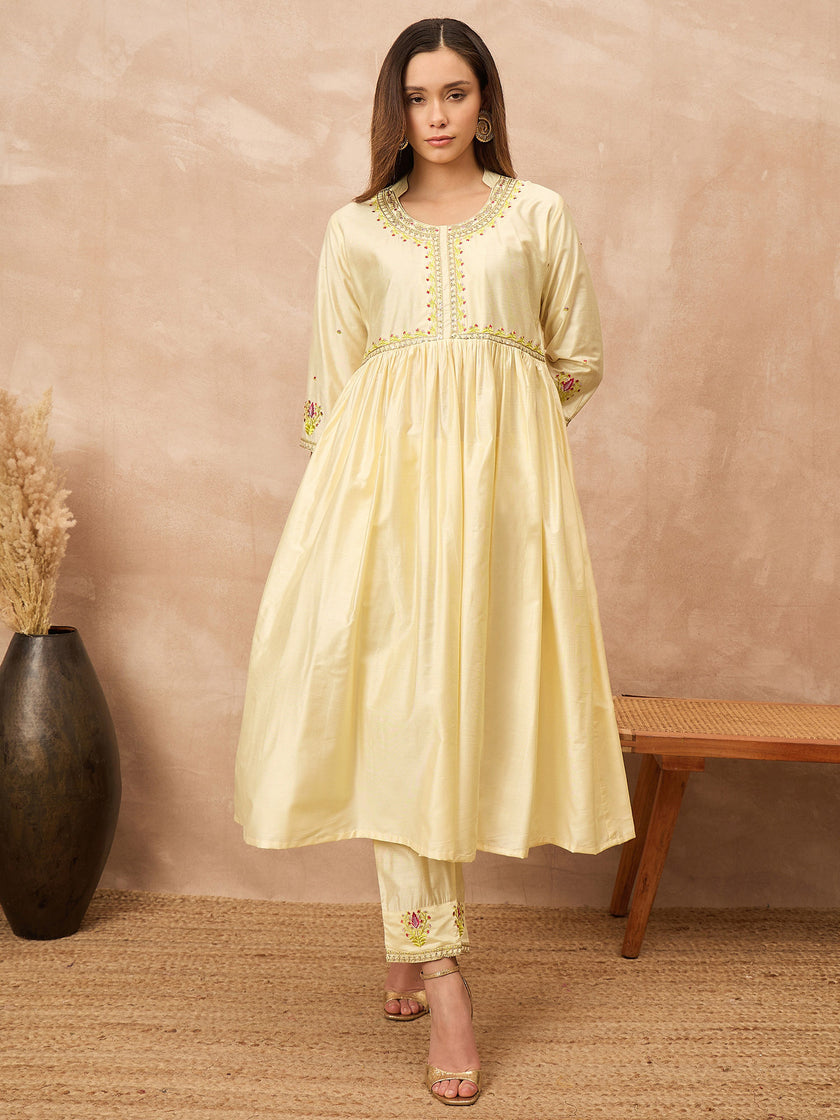 Cream Satin Solid A-Line Kurta Trouser with Dupatta