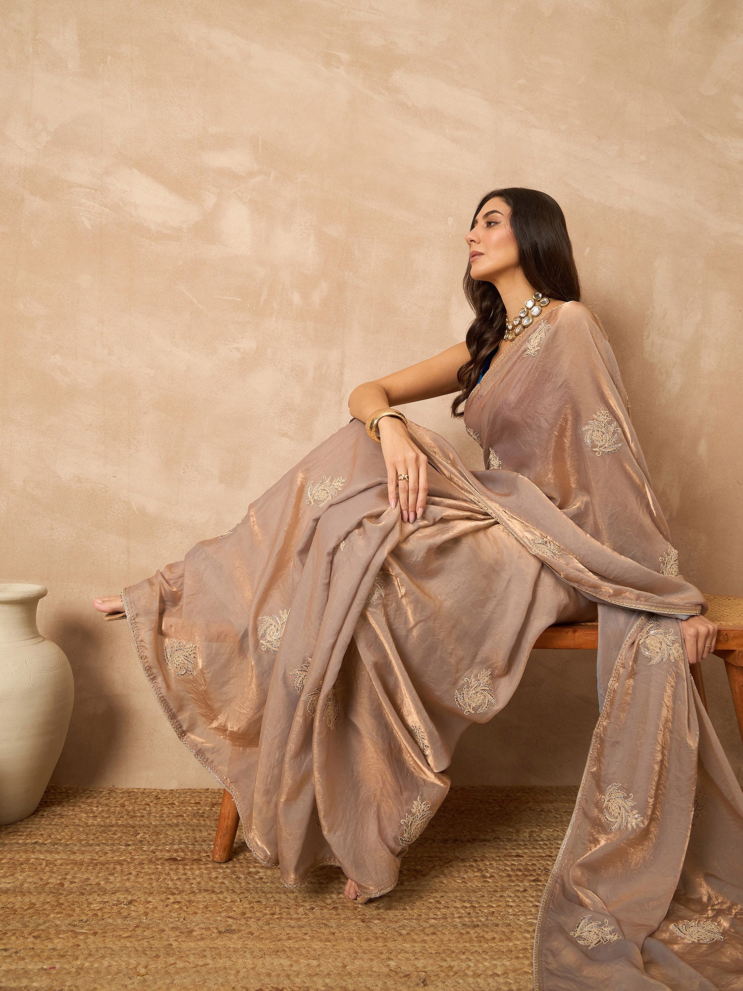 Beige Satin Solid with Coding Border Saree with Unstitched Blouse