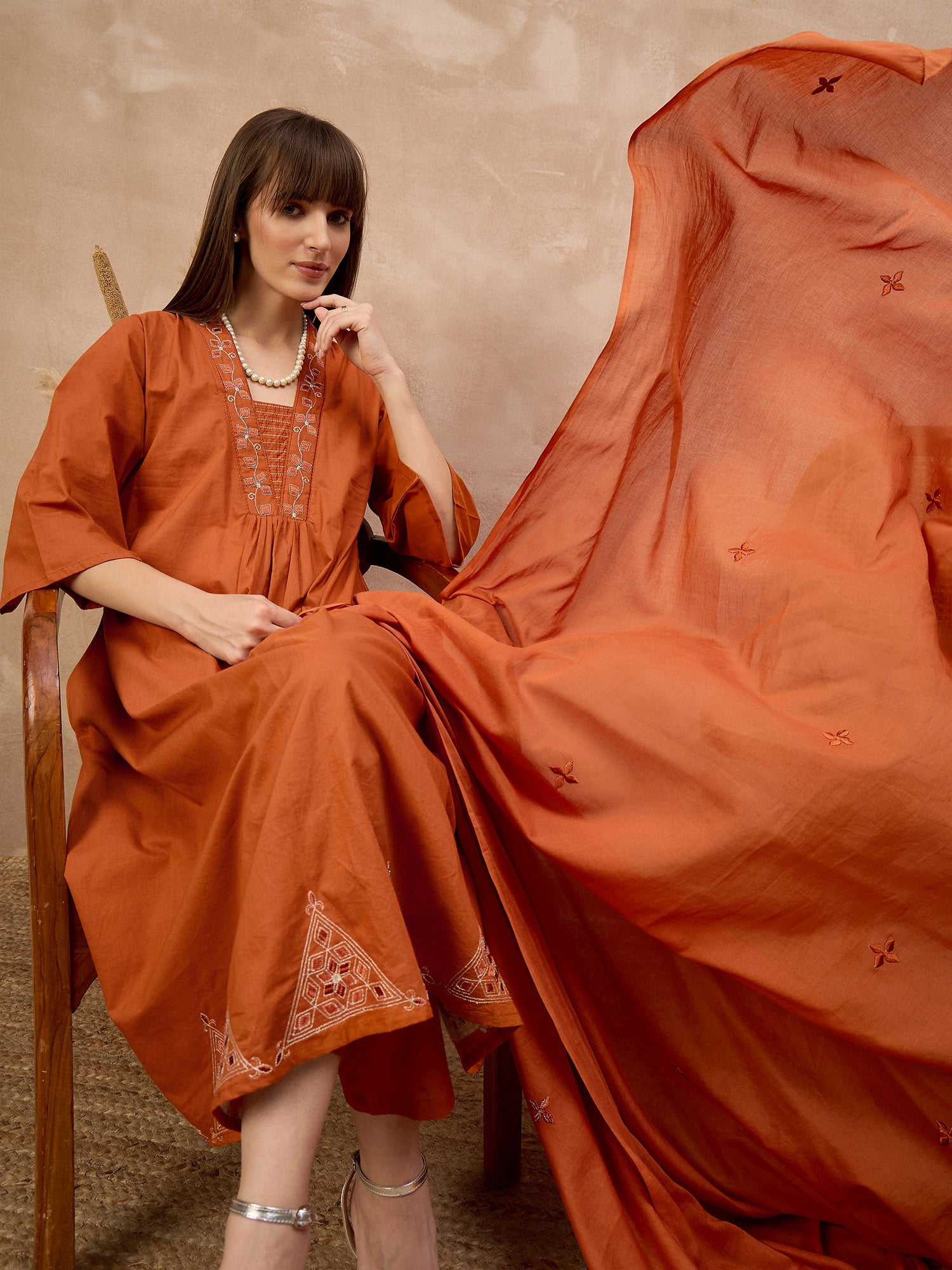 Rust Pure Cotton Geometric Embroidered A-Line Kurta Trouser With Dupatta