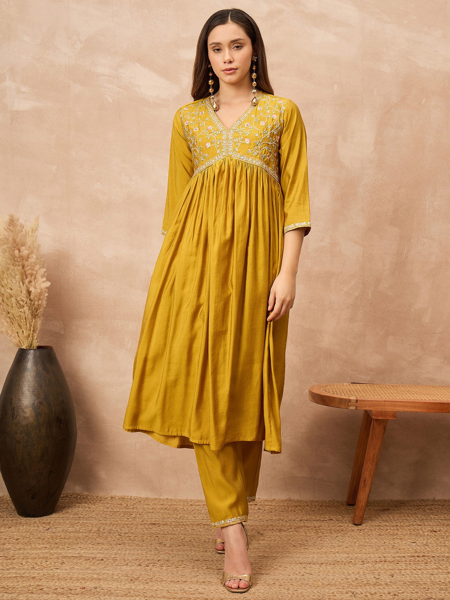 Mustard Silk Blend Solid A-Line Kurta Trouser with Dupatta