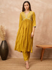 Mustard Silk Blend Solid A-Line Kurta Trouser with Dupatta