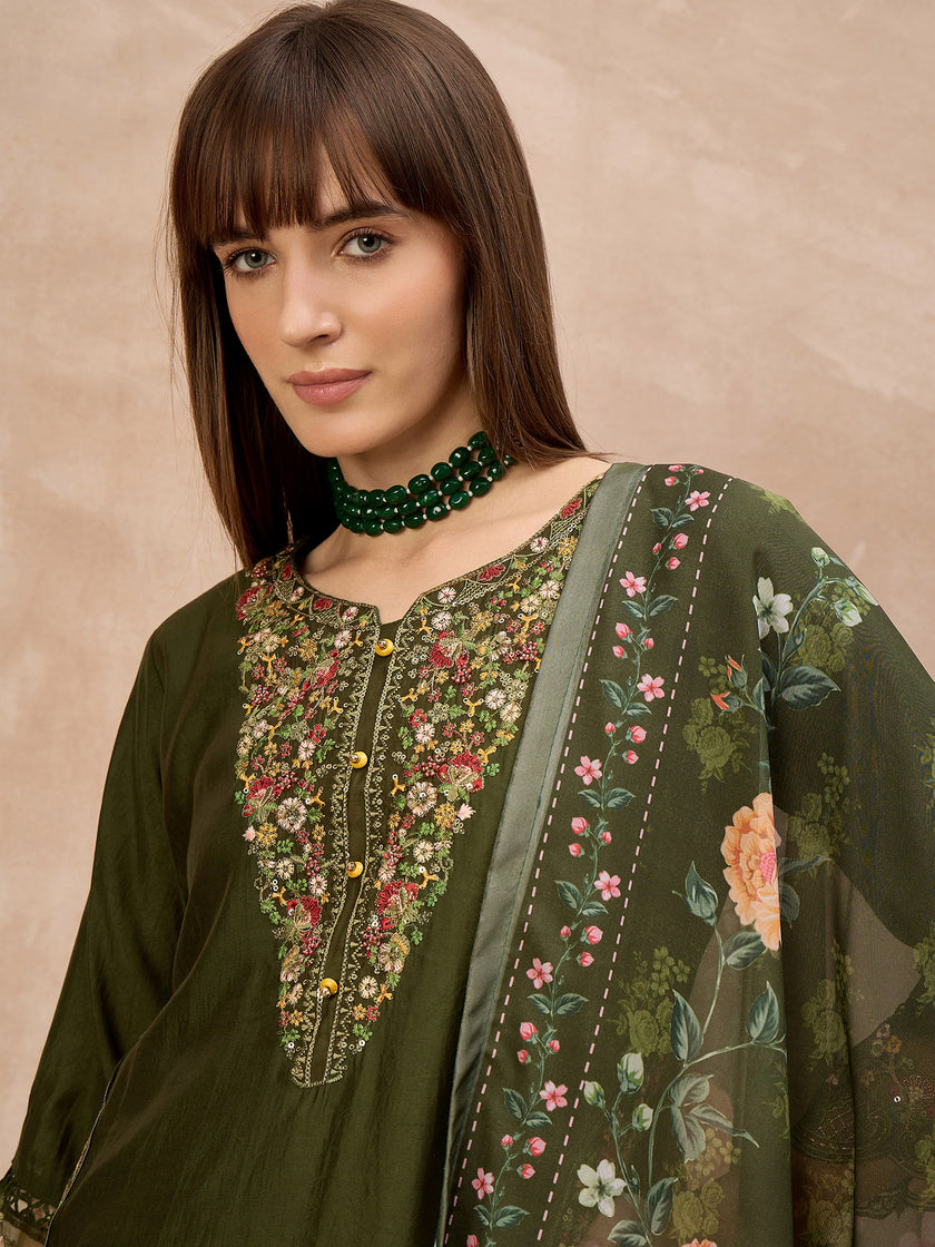 Green Pure Cotton Beads & Stone Embroidered With Buttons A-Line Kurta Trouser With Printed Dupatta