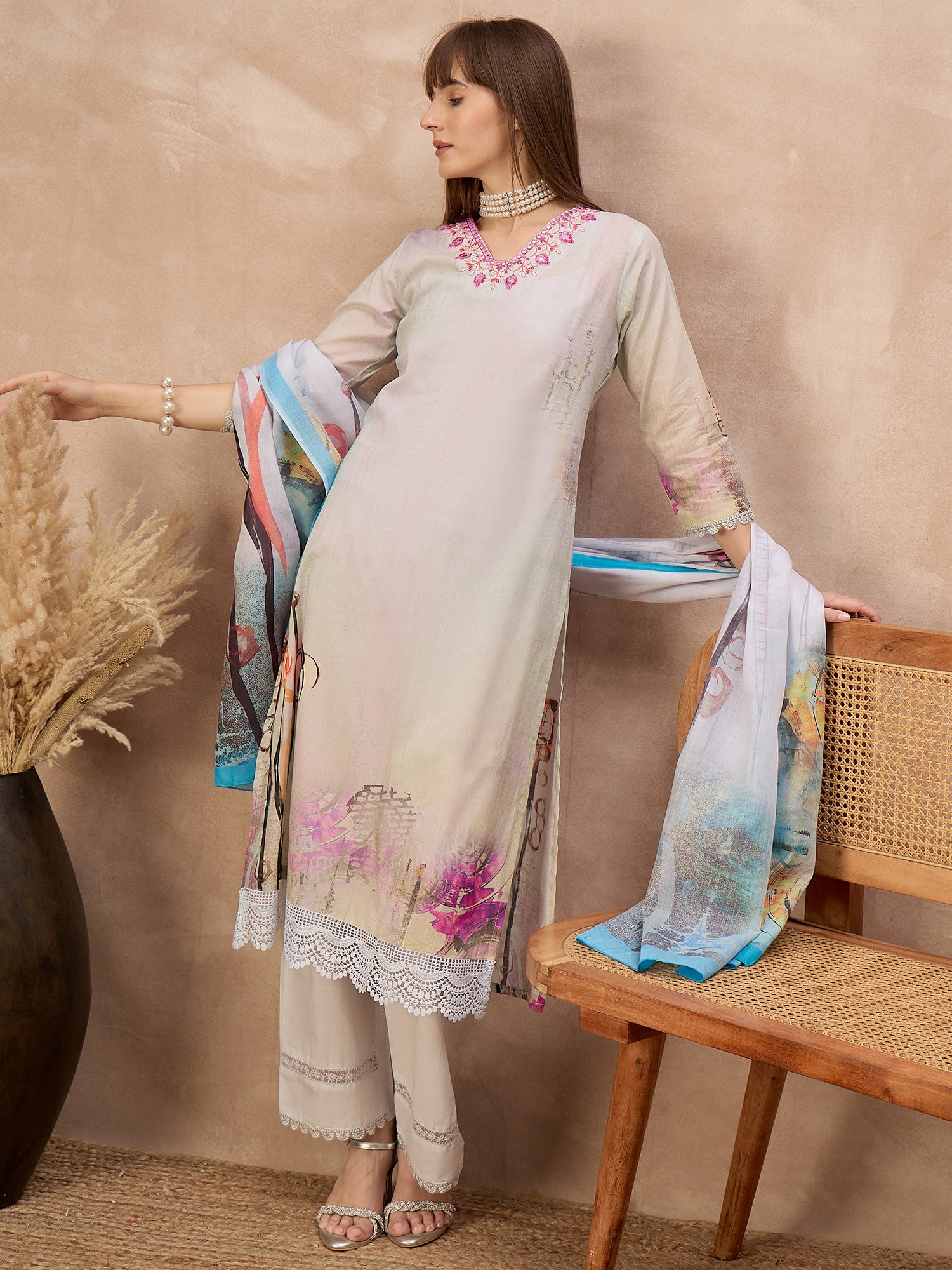 Multi Pure Cotton Digital Printed A-Line Kurta Trouser With Printed Dupatta