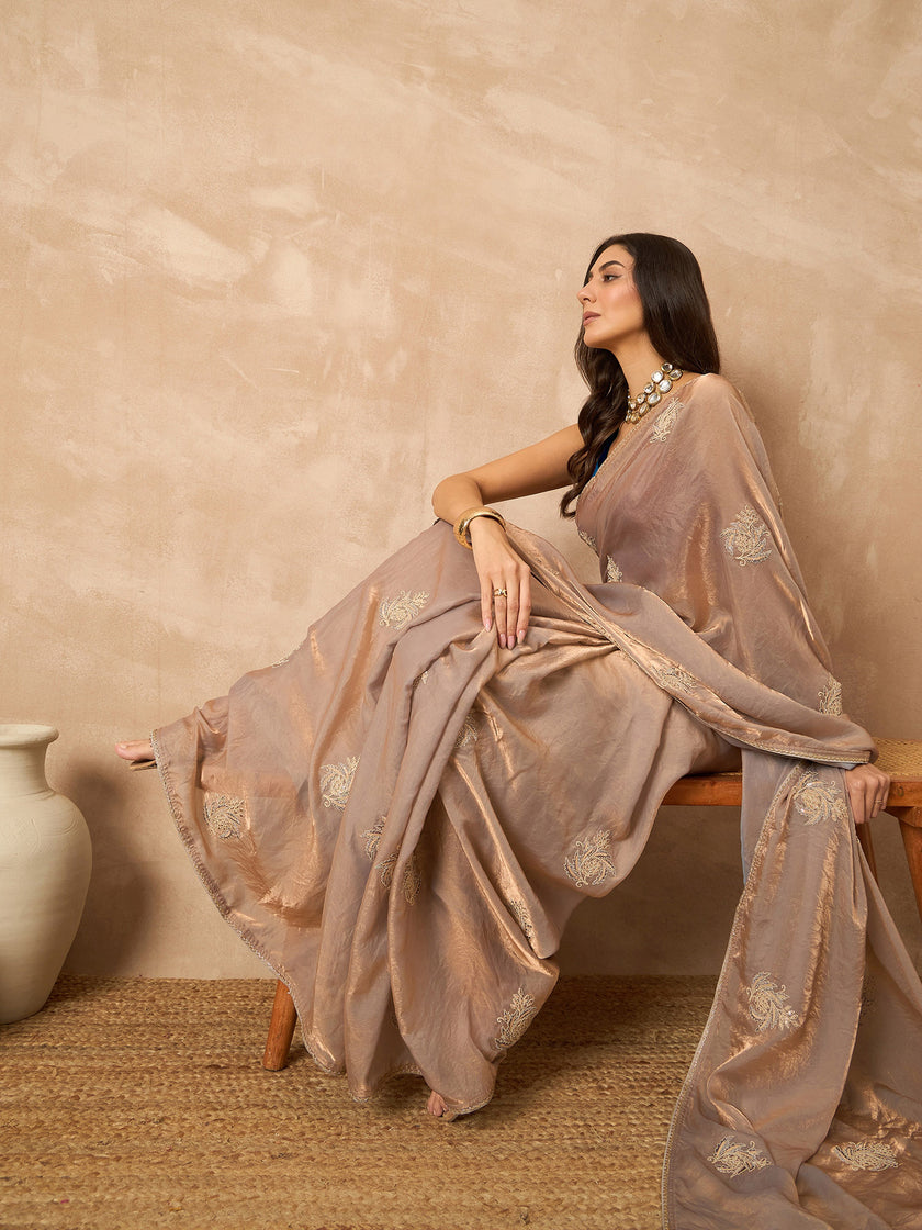 Beige Satin Solid with Coding Border Saree with Unstitched Blouse