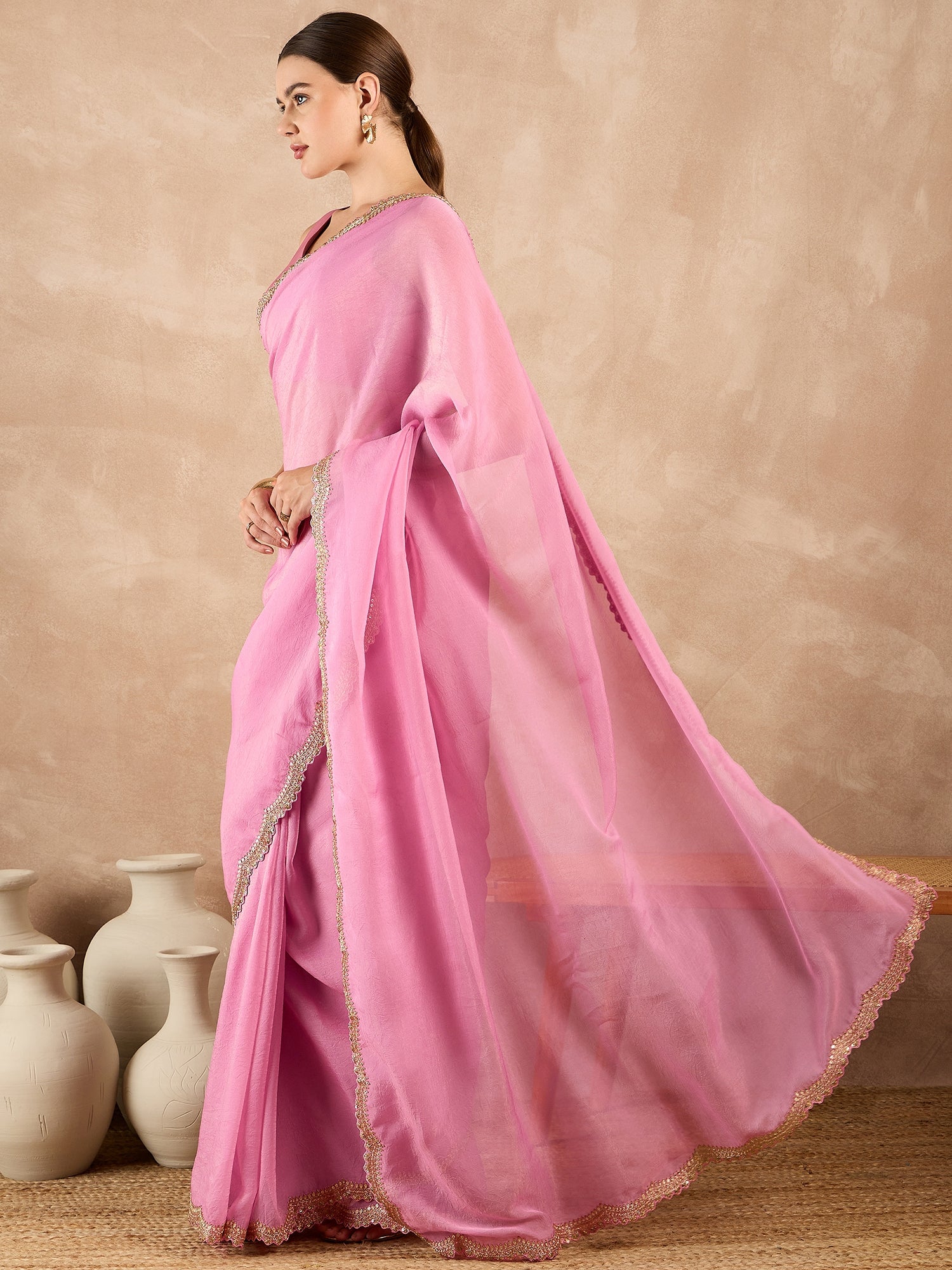 Pink  Organza Solid With Embroidered Border Saree with Unstitched Fancy Blouse