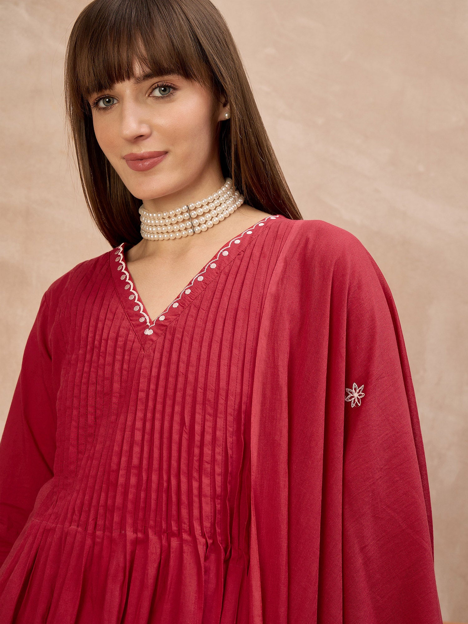 Red Pure Cotton Embroidered Pleated A-Line Kurta Trouser With Dupatta