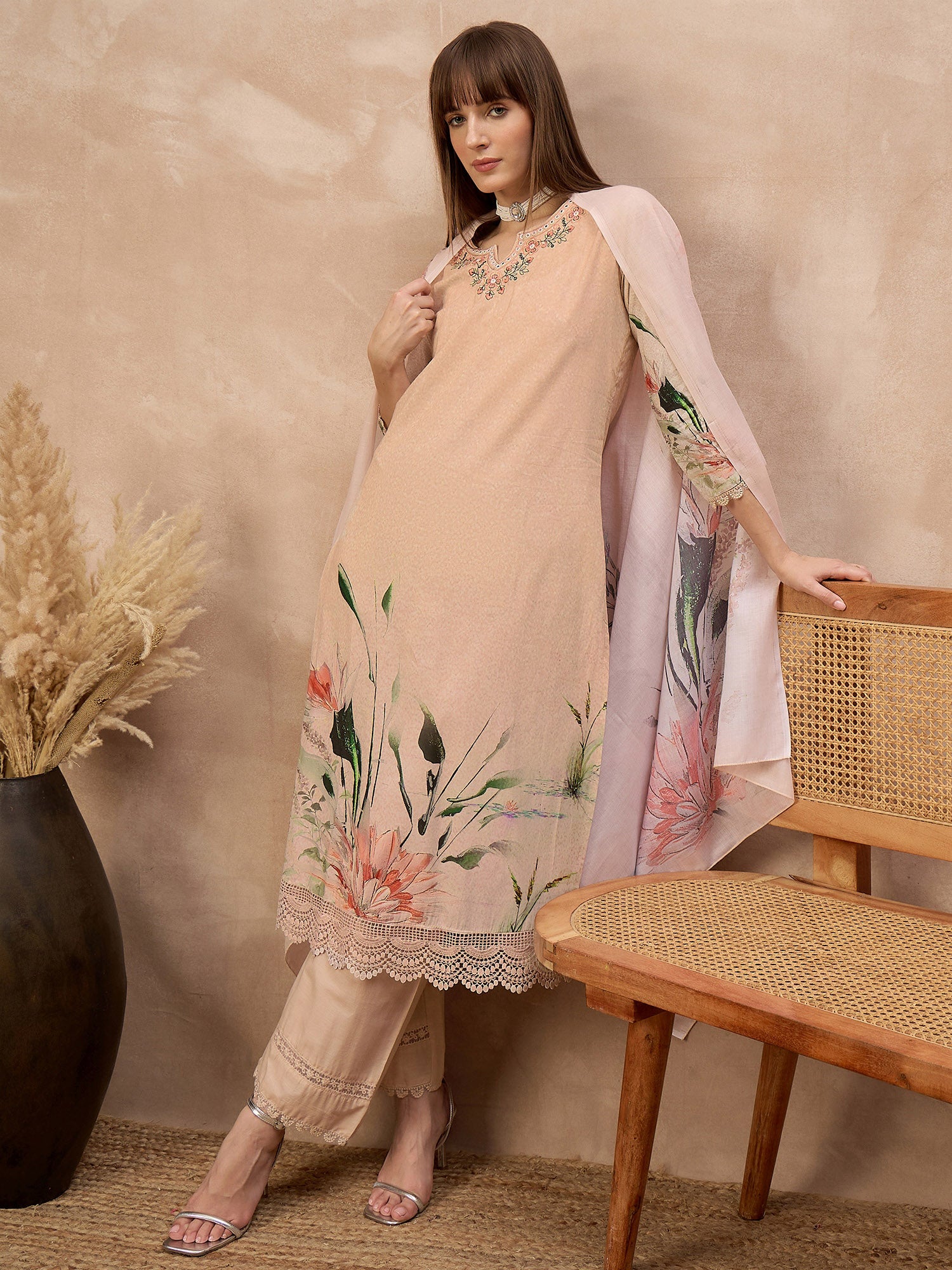 Multi Pure Cotton Digital Printed A-Line Kurta Trouser With Printed Dupatta