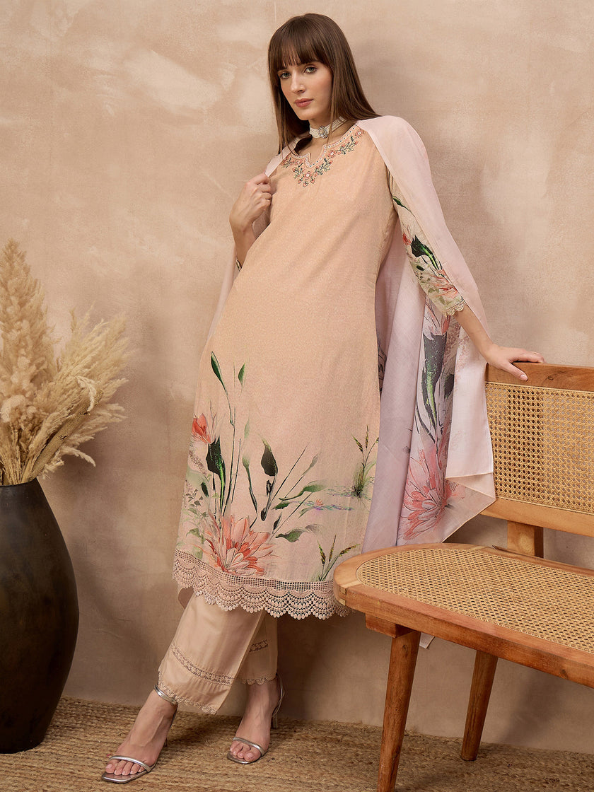 Multi Pure Cotton Digital Printed A-Line Kurta Trouser With Printed Dupatta