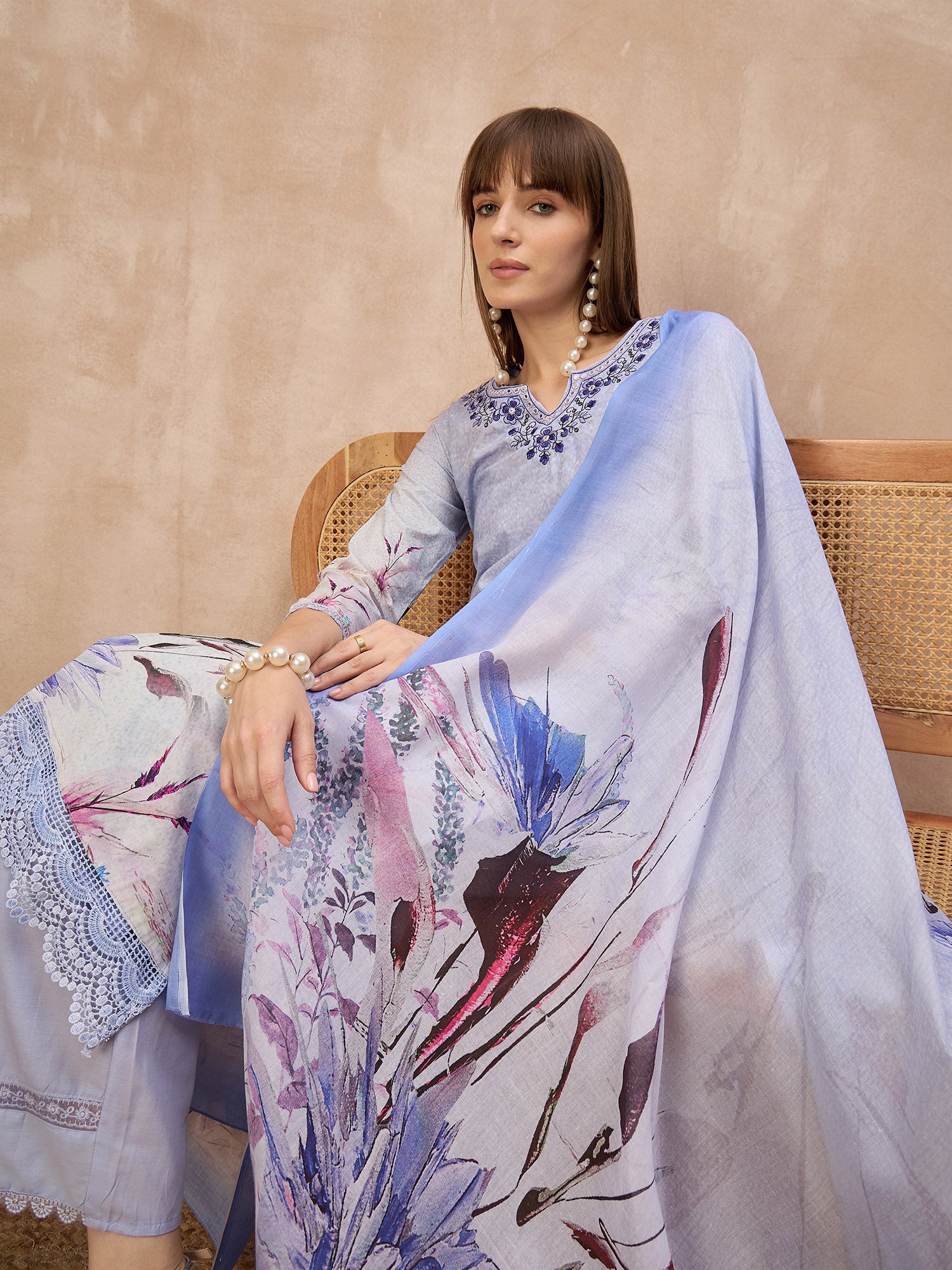 Multi Pure Cotton Digital Printed A-Line Kurta Trouser With Printed Dupatta