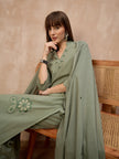 Green Pure Cotton Floral Embroidered A-Line Kurta Trouser With Dupatta
