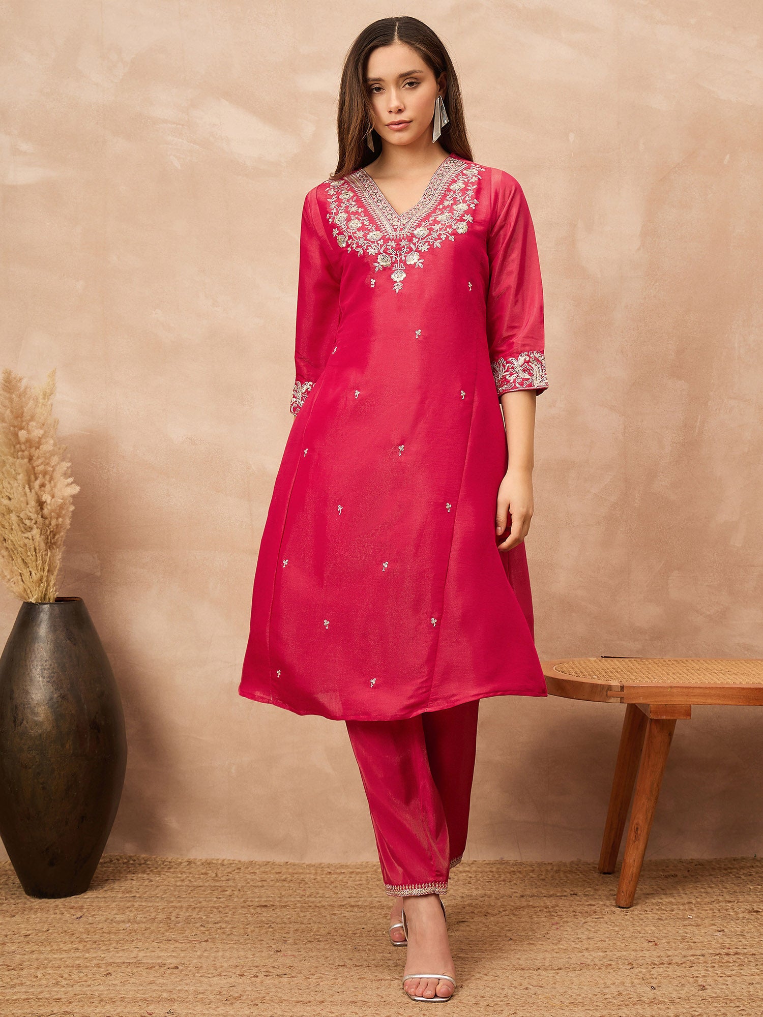 Rose Chanderi Silk Solid A-Line Kurta Trouser with Dupatta