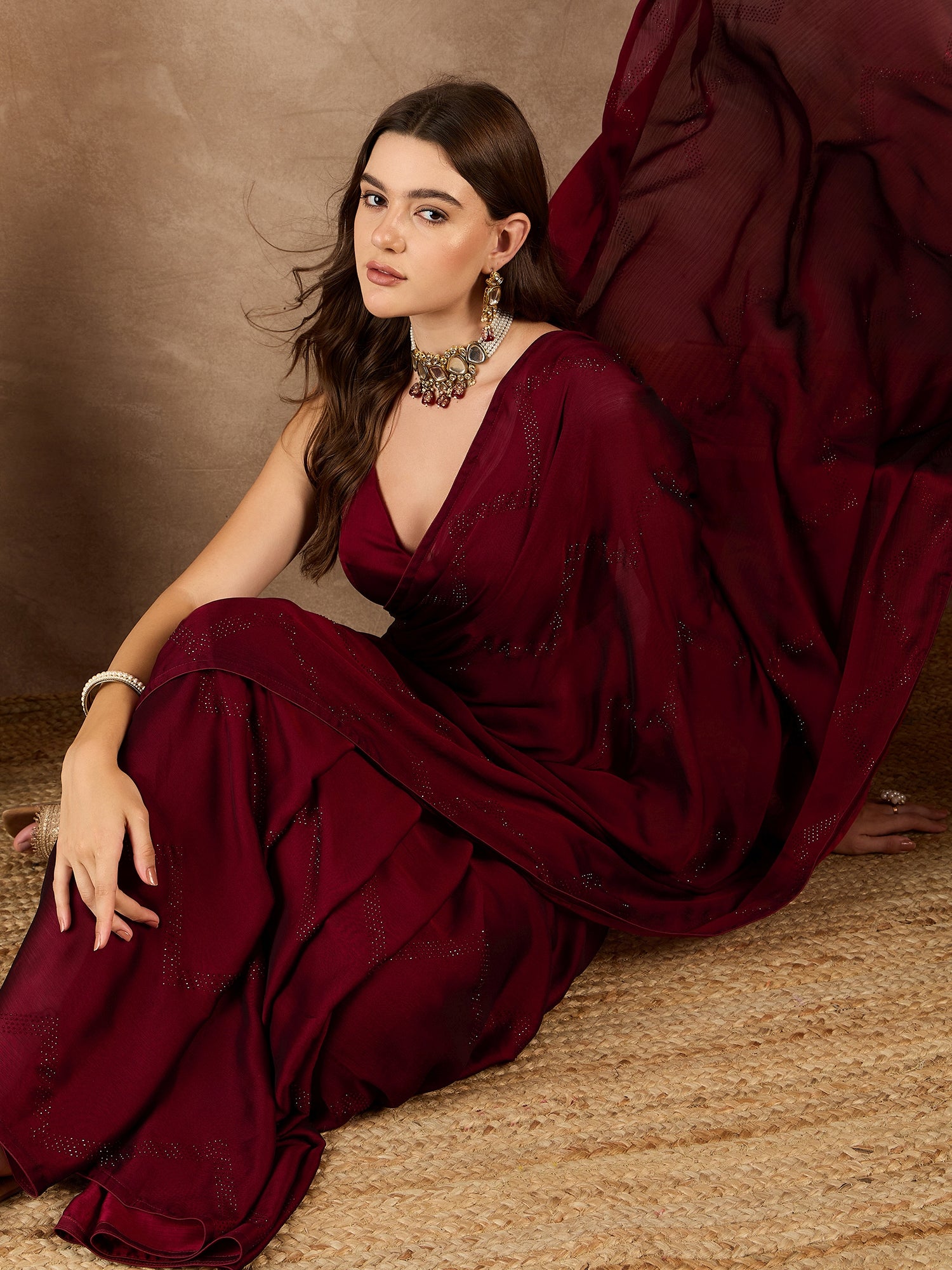 Maroon Satin Solid With Stone Work Border Saree with Unstitched Fancy Blouse