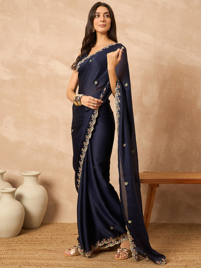 Blue Poly Chiffon Solid With Embroidered Border Saree with Unstitched Blouse