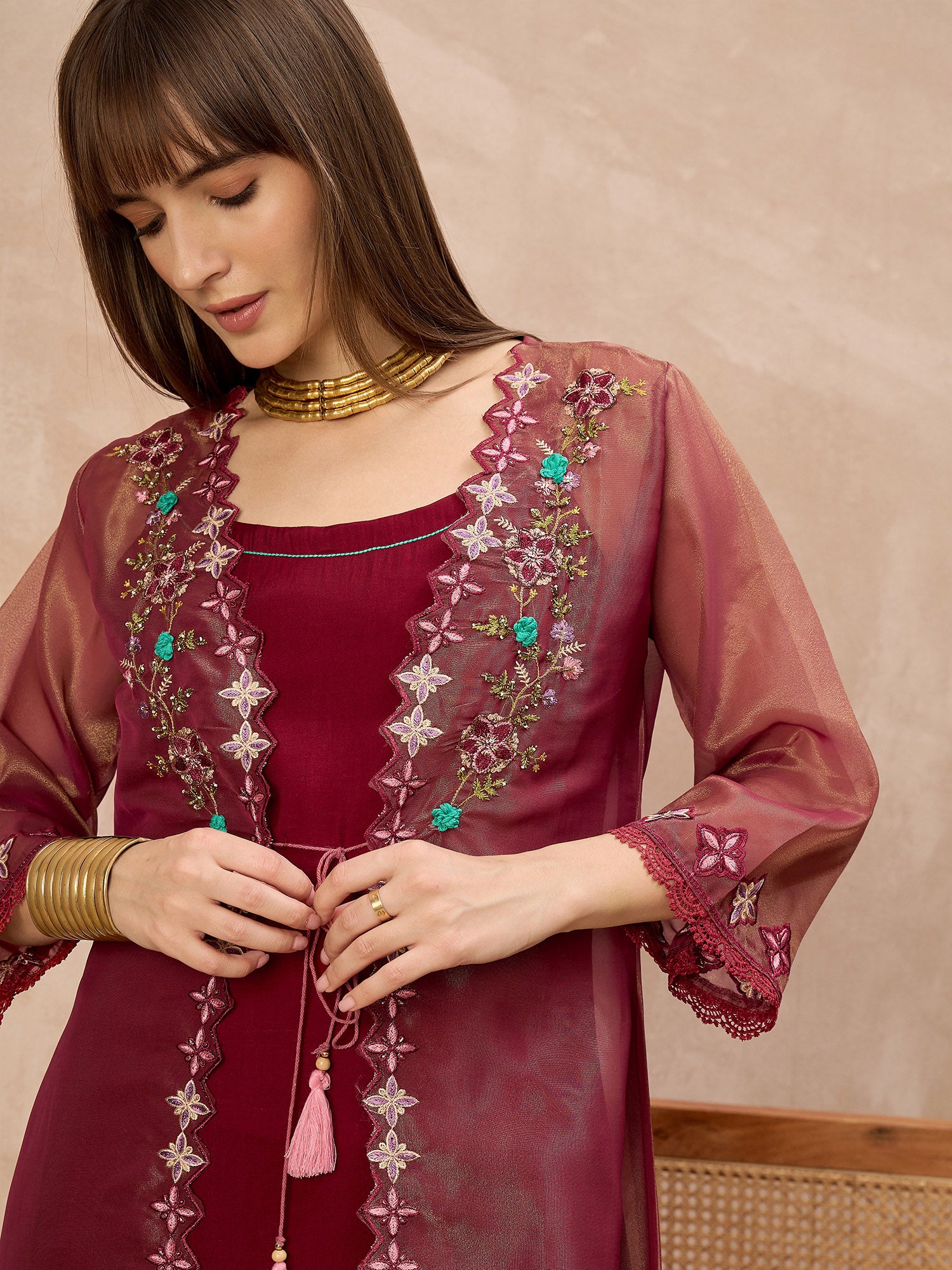 Maroon Pure Cotton Solid A-Line Kurta Trouser With Floral & Mirror Embroidered Shrug