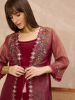 Maroon Pure Cotton Solid A-Line Kurta Trouser With Floral & Mirror Embroidered Shrug