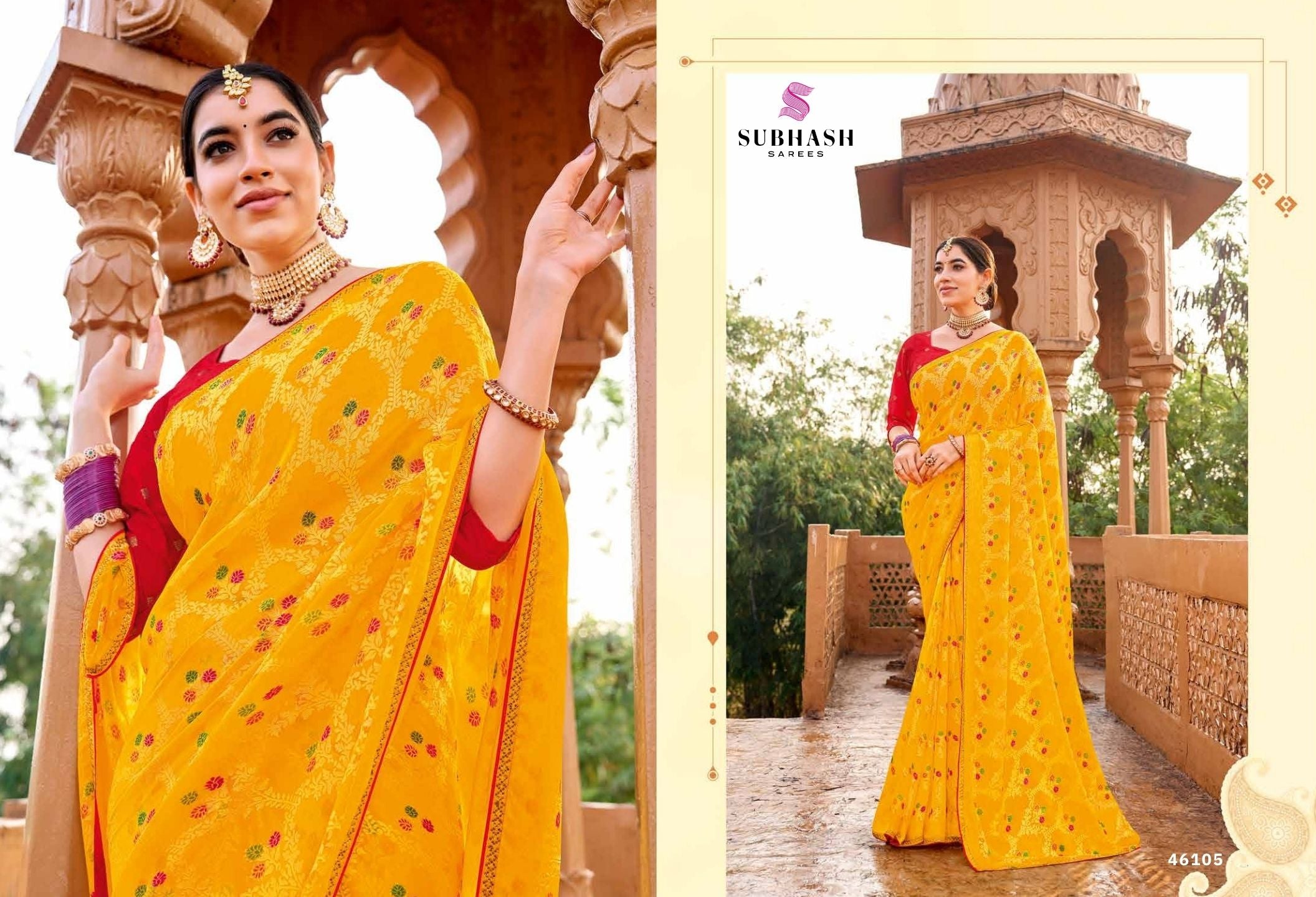 Vintage-27 : Chiffon Brasso Heritage Butti Print Sarees with Printed Tusser Silk Blouse