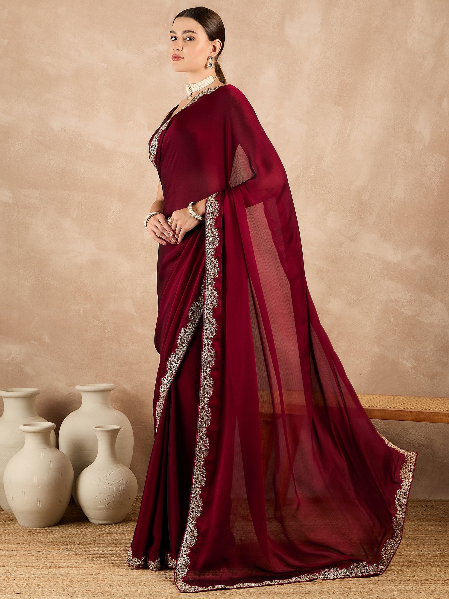 Maroon Satin Solid With Embroidered Border Saree with Unstitched Fancy Blouse