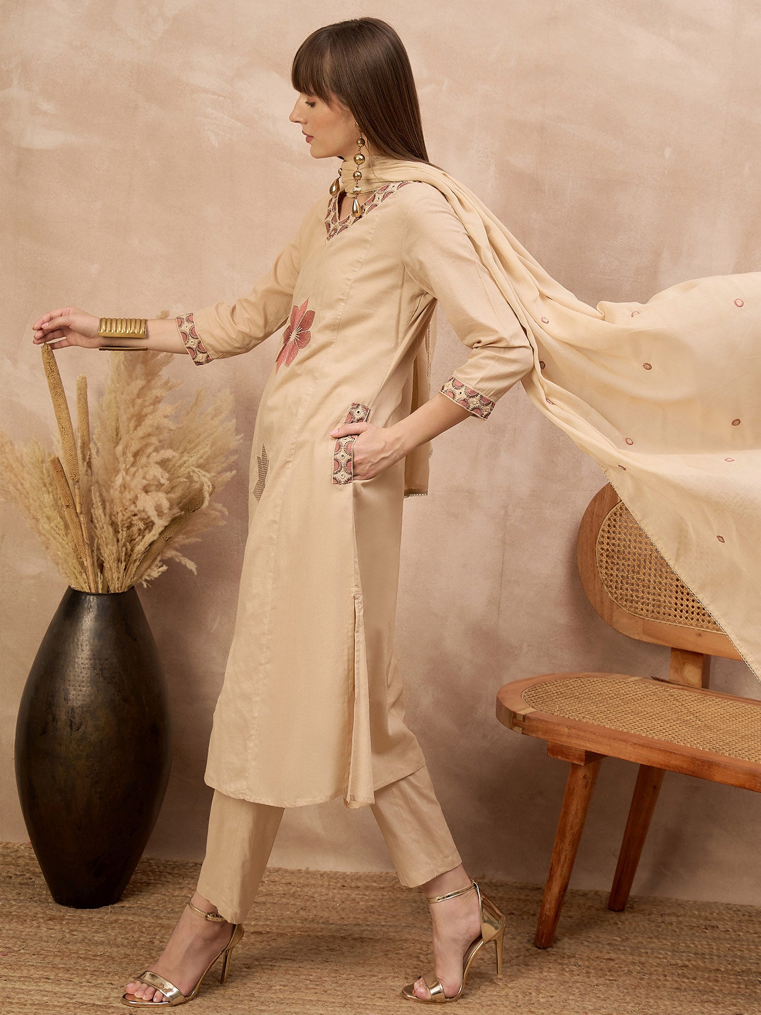 Beige Pure Cotton Floral & Mirror Embroidered A-Line Kurta Trouser With Dupatta