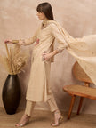 Beige Pure Cotton Floral & Mirror Embroidered A-Line Kurta Trouser With Dupatta