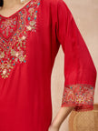Red Pure Cotton Beads & Stone Embroidered A-Line Kurta Trouser With Printed Dupatta