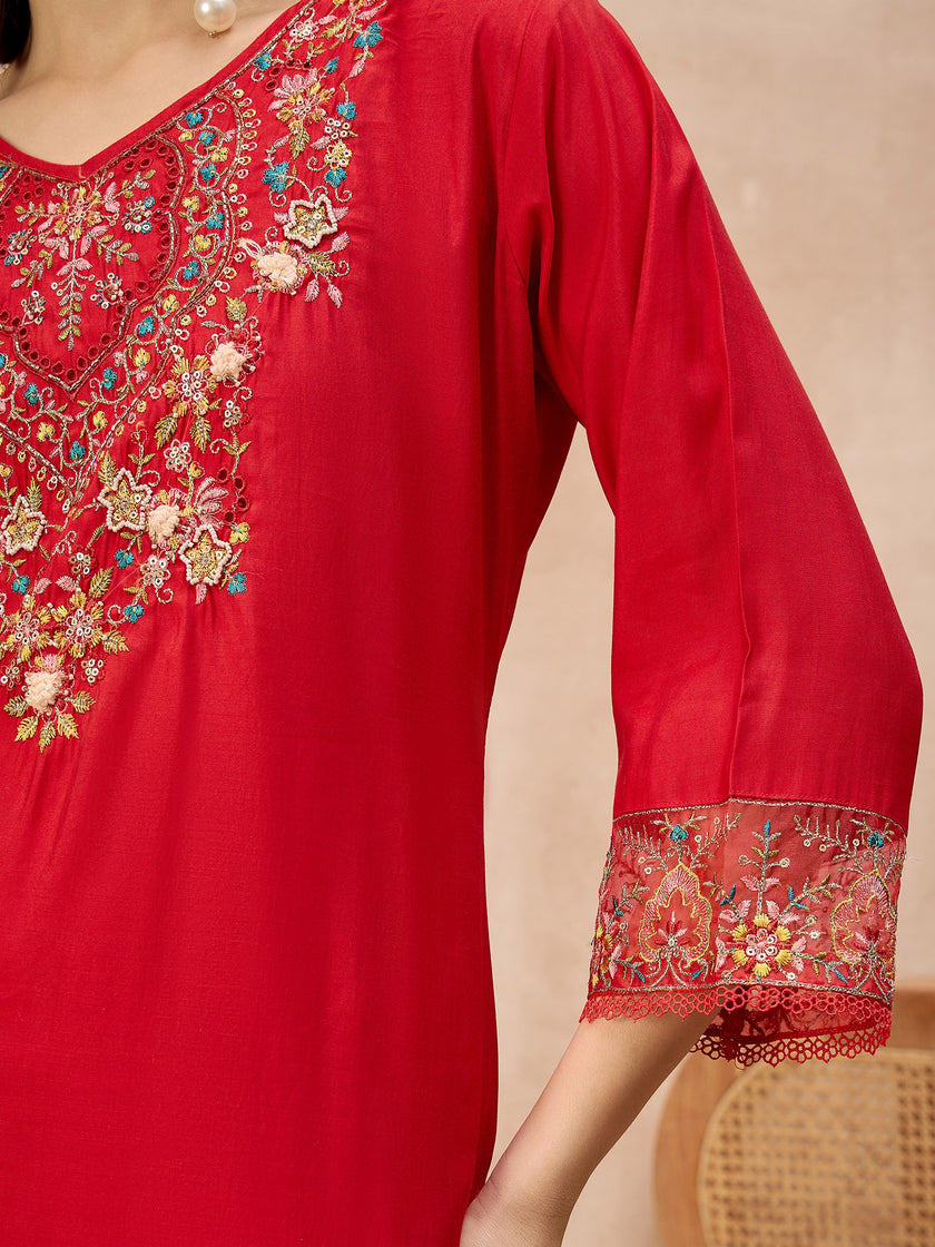 Red Pure Cotton Beads & Stone Embroidered A-Line Kurta Trouser With Printed Dupatta