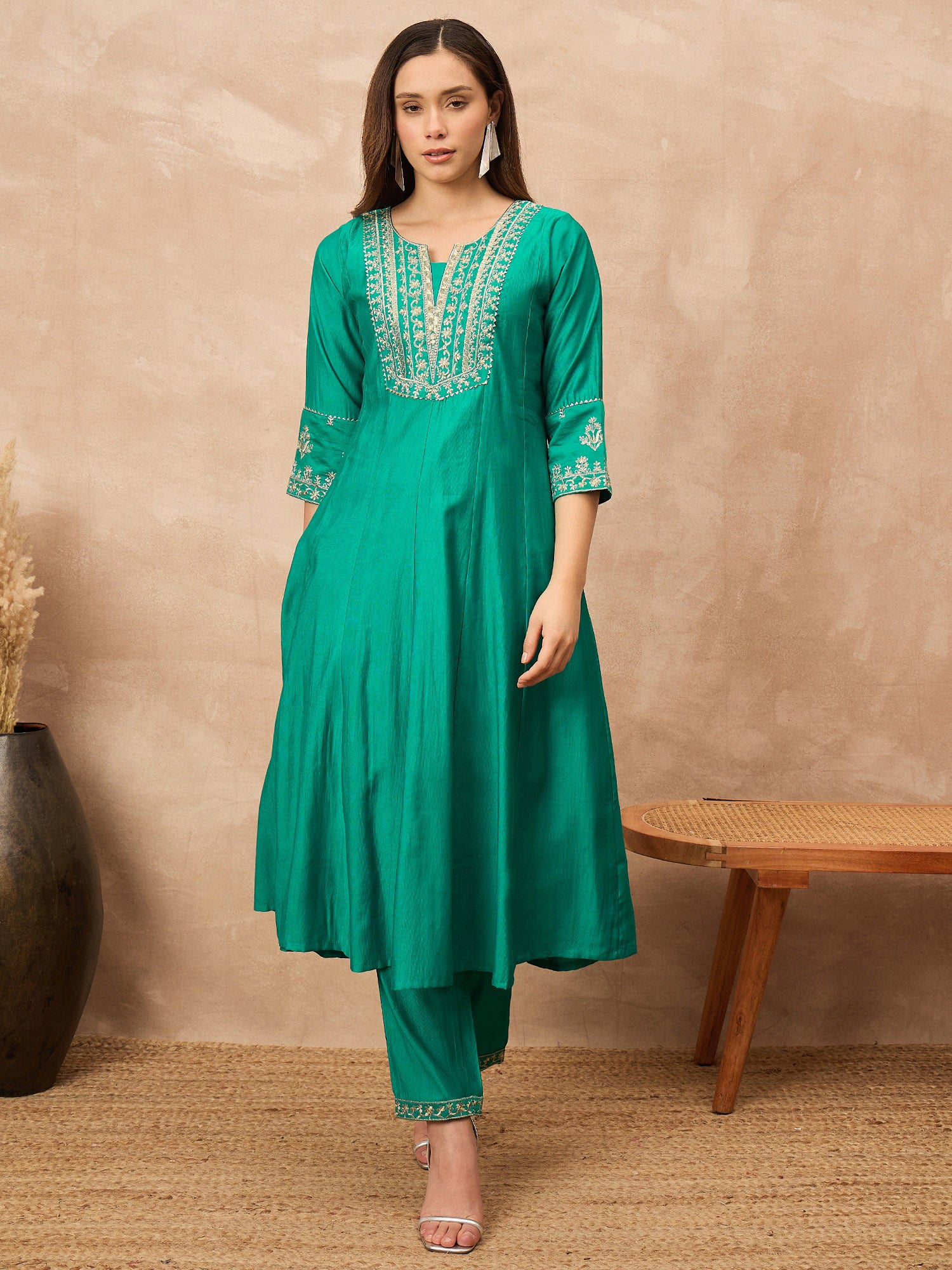 Green Chanderi Silk Solid A-Line Kurta Trouser with Dupatta